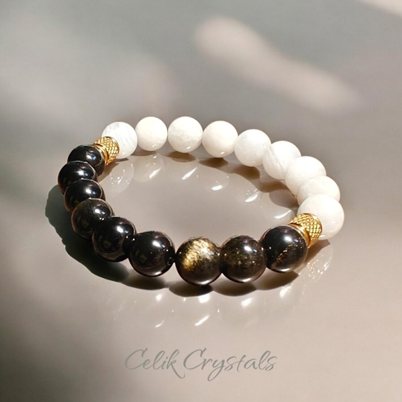 Gold Obsidian and Moonstone Bracelet Natural Stones 10mm Unisex - Picture 1 of 7